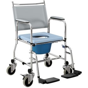 Rolling Shower Chair, Bedside Commode Wheelchair with Padded Seat, Backrest, for Seniors, Disabled, 300 lbs, Gray
