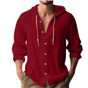Cotton And Linen Shirt Hooded Sweater Button Long Sleeve (Option: Red-M)