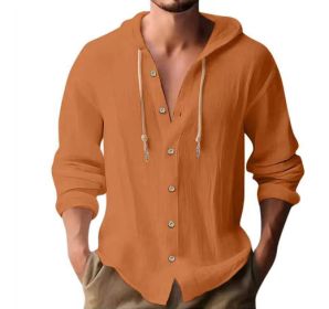 Cotton And Linen Shirt Hooded Sweater Button Long Sleeve (Option: Orange-XL)