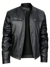 Men's Stand-up Collar Leather Jacket Business Casual Jacket (Option: Black-XXL)