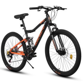 A26336-26 Inch Steel Frame Shock Fork Plus Shock Absorber 21-speed Unisex Mountain Bike (Color: ORANGE)