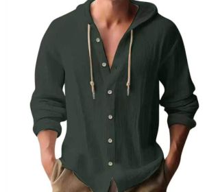 Cotton And Linen Shirt Hooded Sweater Button Long Sleeve (Option: Dark Green-XXXL)